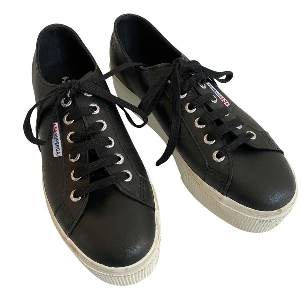 Superga EUC 2790 Nappa Black Leather Platform Sneakers EU 37.5 SZ 6.5 - Picture 2 of 16